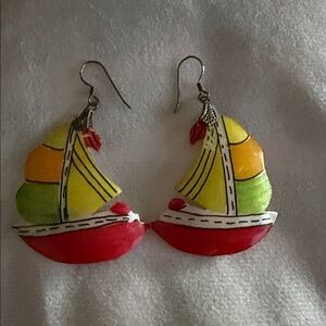 Hand-Painted Sailboat Dangle Earrings - Red, Yellow, Green Shell 🐚